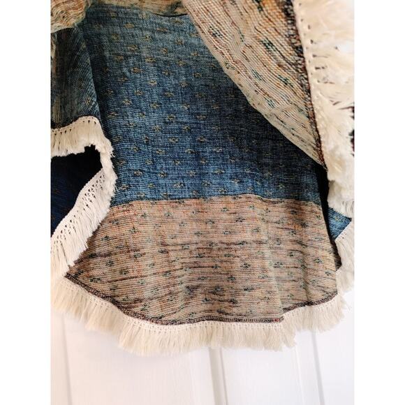 Vintage Havana Fringed Poncho Cape V-Neck Boho One Size Orange Blue - Picture 8 of 11